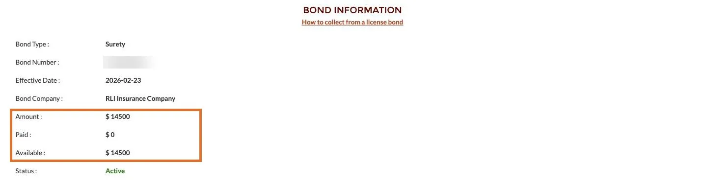 ROC bond information block showing bond amount, amount paid, and amount available, with those three rows highlighted.
