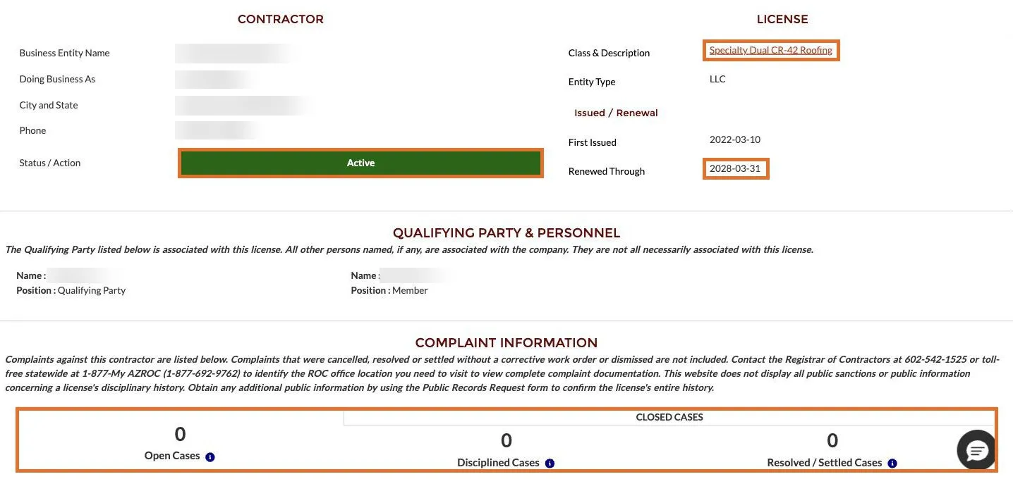 ROC license detail page with Status, Class and Description, Renewed Through, and the three complaint counts highlighted.